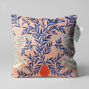 Ethnic Pink & Blue Cushion, Double Cheetahs in Blue Leaves, Double Sided Pillow on the Soft Velvet with Multi Sizes, Cover or with Filling