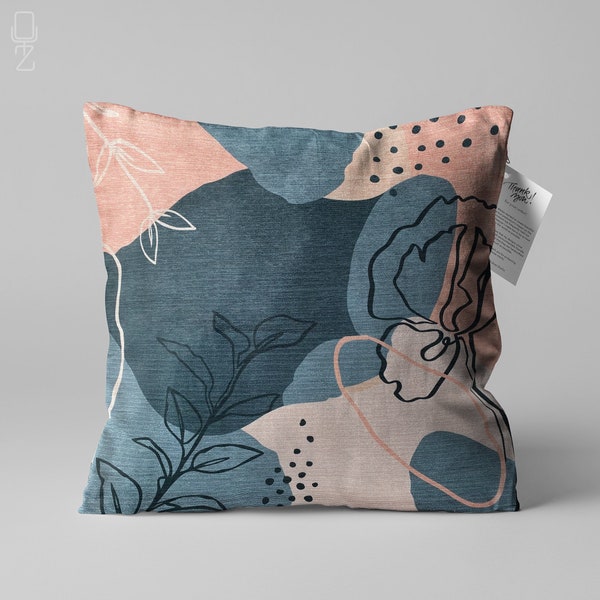 Cushion Cover with Blue Grey & Salmon Pink Abstract Pattern | Double Sided Printing Throw Pillow Cover on the Chenille with Different Sizes