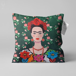 Frida Khalo Cushion Cover with Flowers & Birds, Double Sided Printing on the Soft Chenille Fabric with Different Size Options, OEKO-TEX®