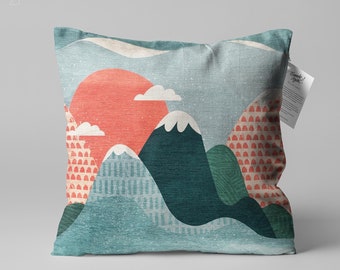Mountain and Cloud Themed Cushion with Green and Orange, Double Sided Pillow on the Soft Velvet with Multi Sizes, Only Cover or with Filling