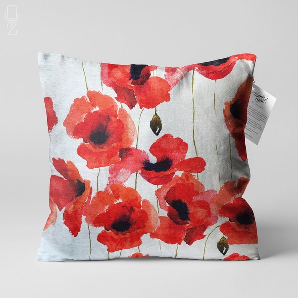 Red Poppy Cushion Cover | Double Sided Coquelicots Printing Throw Pillow Cover on the Soft Chenille Fabric with Different Sizes | OEKO-TEX®