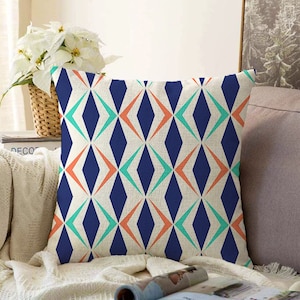 Cushion Cover with Geometric Navy, Orange and Mint Pattern | Double Sided Printing on Soft Chenille Fabric with Multi Size Options, OEKO-TEX