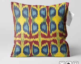 Handwoven 100% Cotton Throw Pillow, 20x20" (50x50cm) with Yellow, Red & Blue Colors | Traditional Handmade Original Bohemian Pillow Cover
