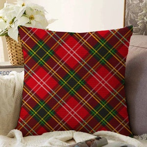 Christmas Plaid Cushion Cover | Tartan Pattern with Red, Green & Yellow | Double Sided Printing on Soft Chenille Fabric with Multi Sizes