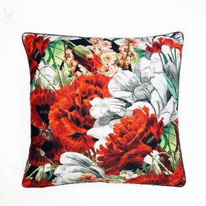 Red & White Floral Cushion Cover with Hidden Zipper | Black Piping | 43x43cm (17x17&quot;) | Double Sided  Printing on the Soft Chenille Fabric