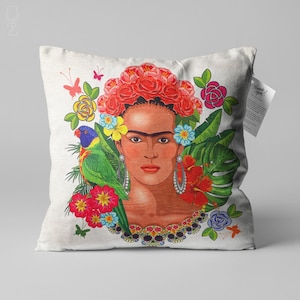 Frida Khalo Cushion Cover with Flowers & Birds, Double Sided Printing Throw Pillow Cover on the Soft Chenille Fabric with Multi Size Options