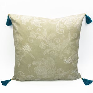 Ecru Cushion Cover with White Damask Pattern | Blue Tassel Trim | 43x43 cm (17x17&quot;) | Double Sided  Printing on the Soft Chenille Fabric