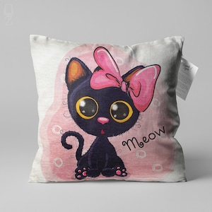 Bonita funda de cojín con forma de gato negro y pinza para el pelo con lazo rosa, impresión a doble cara en suave tela de chenilla con opciones de varios tamaños, OEKO-TEX