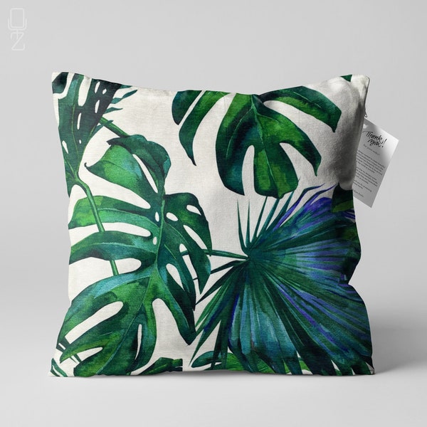 Green Tropical Cushion Cover with Palm Leaves | Double Sided Printing Throw Pillow Cover on the Soft Chenille Fabric with Different Sizes