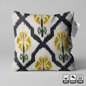 Traditional IKAT Pillow Cover from Hand Loomed | 20x20&quot; (50x50cm) Original 100% Cotton Cushion Cover with Black, Yellow and Green Colours