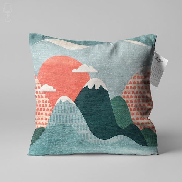 Mountains and Clouds Cushion Covers | Green & Orange Colours | Double Sided Printing Throw Pillow Cover on the Chenille with Different Sizes