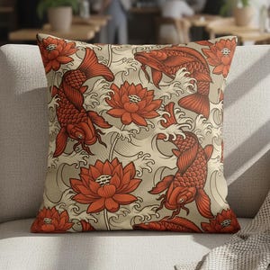 Japanese Art Koi Fish Cushion, Oriental Lotus Flower Soft Chenille Zen Decor Gift UK