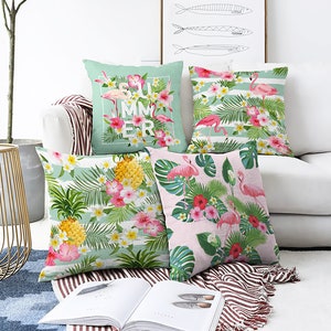 Tropical Pillow Covers with Florals Flamingos | Green and Pink Colours Double Sided Printing on the Chenille with Different Sizes, OEKO-TEX®