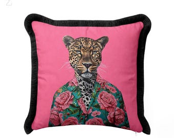 Leopard Print Pillow Cover, Pink Maximalist Cushion, Eclectic Animal Decor, Fringed Boho Throw Pillows