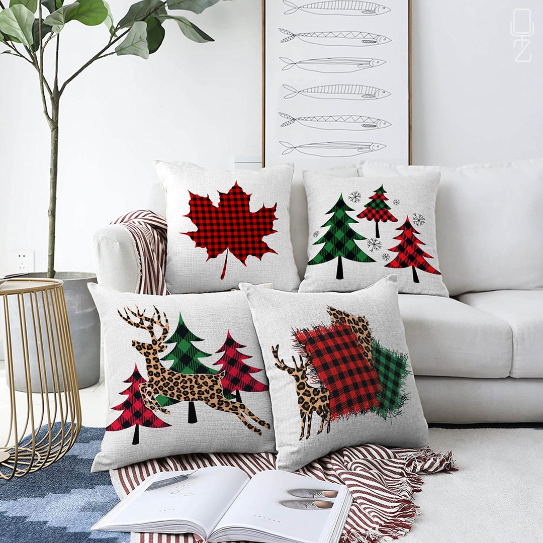 Christmas Cushion Covers With Maple Leaves, Xmas Tree and Reindeers ...