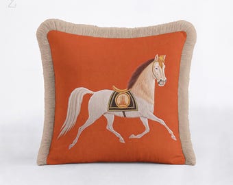 Horse Cushion Cover with Fringes, Animal Art Orange Pillow Case, Luxury Equestrian Decor