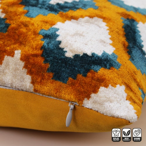 Yellow & Blue Silk Velvet Cushion Cover with Wire Pattern orders | Front side is 100% Silk Velvet, Back side is Soft Orange Fabric | OEKO-TEX®