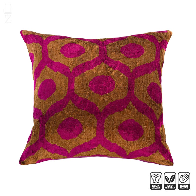 Brown & Fuchsia Pink Traditional Silk Ikat Velvet Cushion Cover 45x45cm