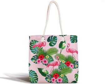 Tropisk flamingo-tygväska | Dubbelsidigt blommönster