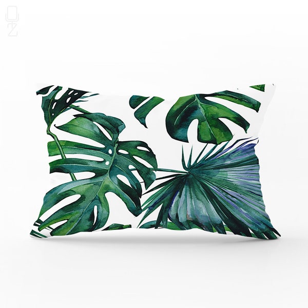 Housses de coussin rectangulaires avec feuilles vertes tropicales | Différentes options de taille | Housse de coussin en feuilles de palmier imprimée sur le tissu en daim.