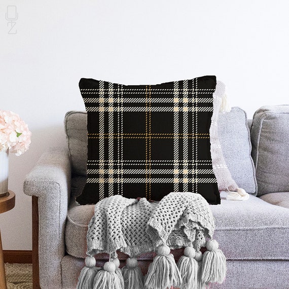 Black Plaid Chenille Cushion Cover: Tartan Pillow, Double Sided