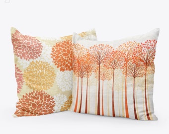 Set of 2 Orange Cushion Covers with Trees & Leaves Themed | Double Sided Printing on the Soft Suede Fabric with Different Sizes, OEKO-TEX®