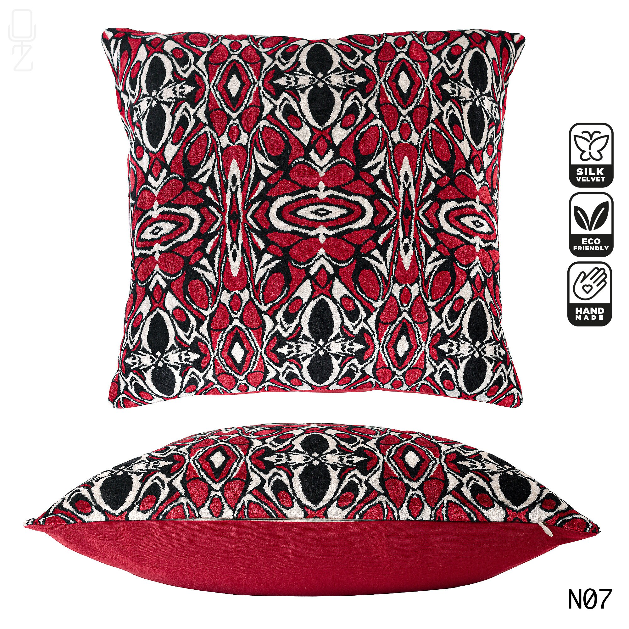 Velvet Pillow Cover with Red, Black & Off White Front side is