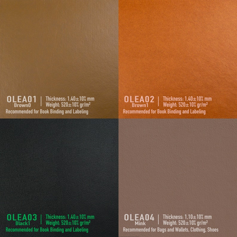 May include: Four leather samples in different colors and textures. The samples are labeled with the names OLEA01, OLEA02, OLEA03, and OLEA04. Each sample has a description of its thickness, weight, and recommended uses.