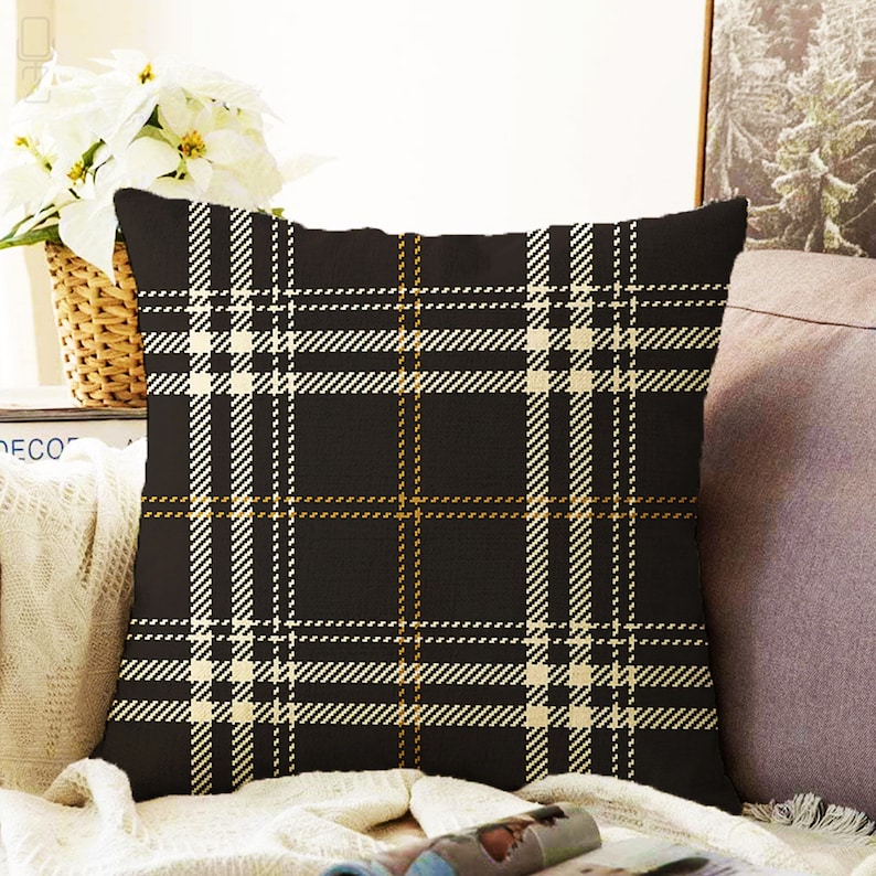 Black & Beige Plaid Throw Pillow Cover, Tartan Pattern Pillow Cover, Double Sided Printing on Soft Chenille Fabric with Multi Sizes | OEKO-TEX