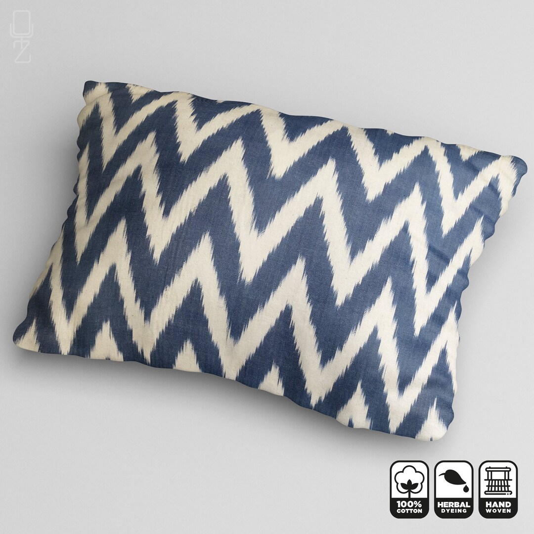 Navy Blue Zig Zag IKAT Cushion Cover From Handwoven not Print Fabrics 16x24 Inches 40x60cm, 100