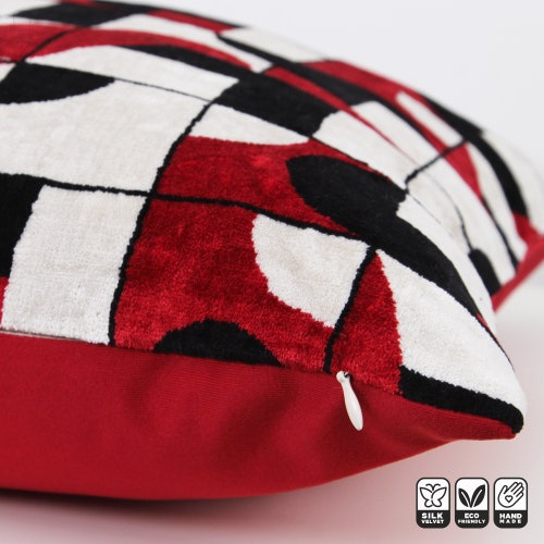 Geometric Ikat Velvet offers Pillow Cover with Red, Black & Beige Colours | Frontside is 100% Silk Velvet, Backside is Soft Red Fabric | OEKO-TEX®