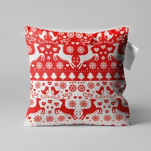 Xmas Cushion Cover with Red & White Christmas Reindeers | Double Sided Printing Pillow Cover on the Soft Chenille with Multi Size Options