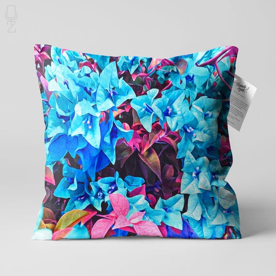 Blue Floral Throw Pillow Cover, Pink Botanical Pillow Case, Decorative Maximalist Double Sided Cushion