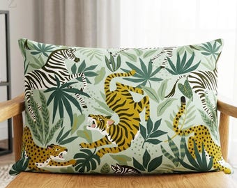 Jungle Animal Lumbar Pillow Cover, Leopard Tiger Zebra Rectangular Cushion, Maximalist Decor