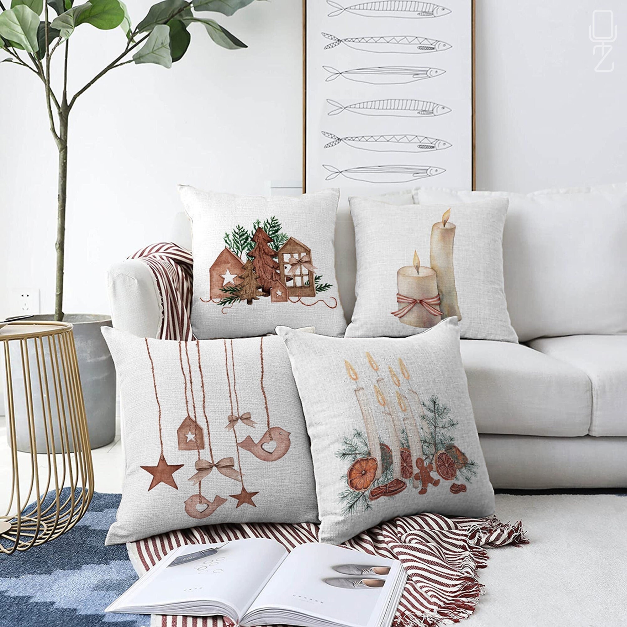COZZSNUGE Set Of 4 Christmas Velvet Cushion Covers - 45x45cm Green Pine Tree & Wreath Design For Sofa & Bed
