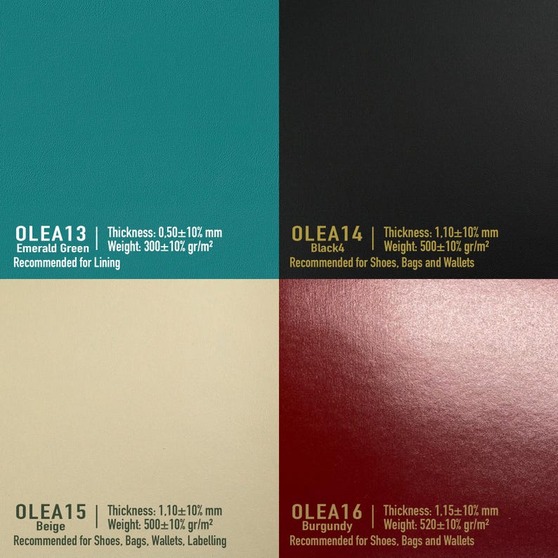 May include: Four leather samples with different colors and textures. The samples are labeled with the names OLEA13, OLEA14, OLEA15, and OLEA16. Each sample has a description of its thickness, weight, and recommended uses.