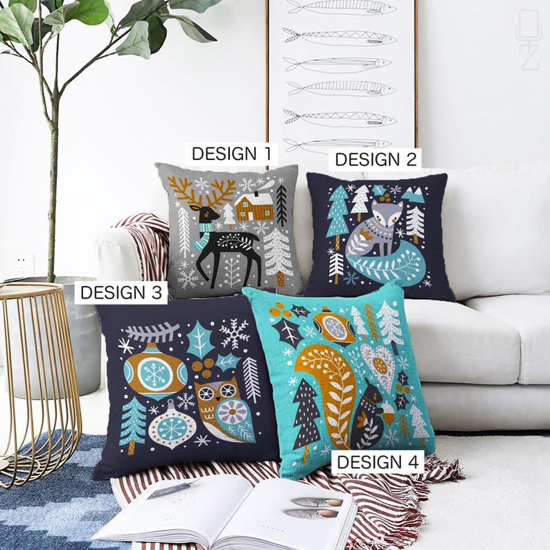Housse de coussin de Noël | Thème renne, renard, écureuil et hibou avec 4 modèles différents, taies d'oreiller d'hiver de Noël recto-verso, plusieurs tailles image 1