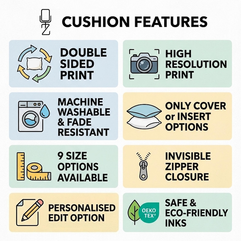 May include: Image showcasing cushion features, including double-sided and high-resolution prints, machine washability, and fade resistance. It highlights options for covers or inserts, nine size choices, invisible zipper closures, personalized editing, and safe, eco-friendly inks.