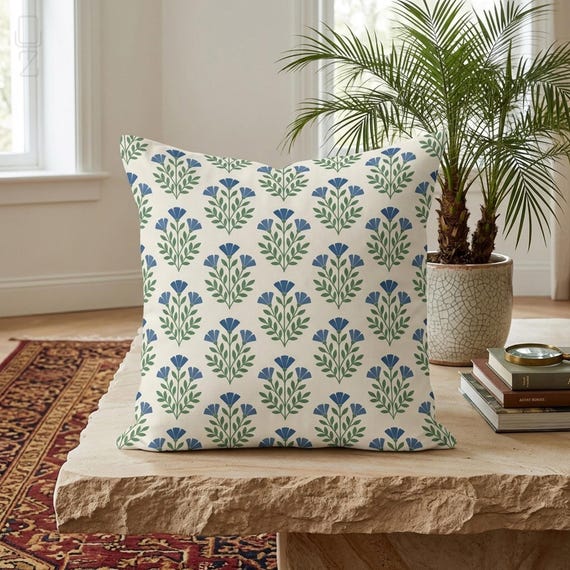 Blue Block Print Floral Cushion Cover, Botanical Chenille Pillow Case, Aesthetic Home Decor Gift