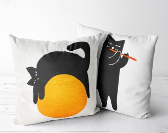 Set di 4 federe per cuscini, 50 x 50 cm, motivo divertente gatto in