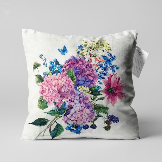 Set Di 2 Federe Per Cuscini 45x45 Cm Con Stampa Ortensia Blu - Acquercello Floreale, Solo Fodera Con Cerniera, Per Divano E Camera