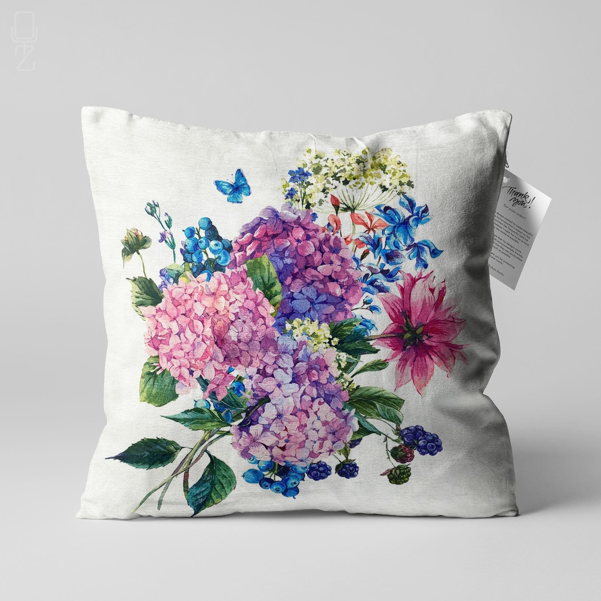 Zltegako Set di 4 federe per cuscini estivi, motivo ortensia, 30 x 30 cm, motivo floreale, in cotone e lino, quadrate, per divano, patio, esterni, decorazioni per la casa (12
