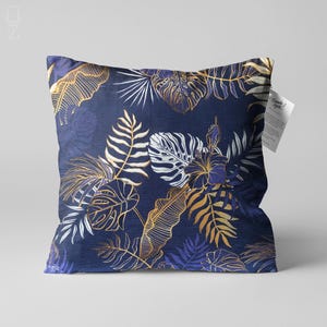 Yellow & White Tropical Leaves on the Dark Blue Cushion Cover, Double Sided Printing Throw Pillow Cover on the Chenille with Different Sizes