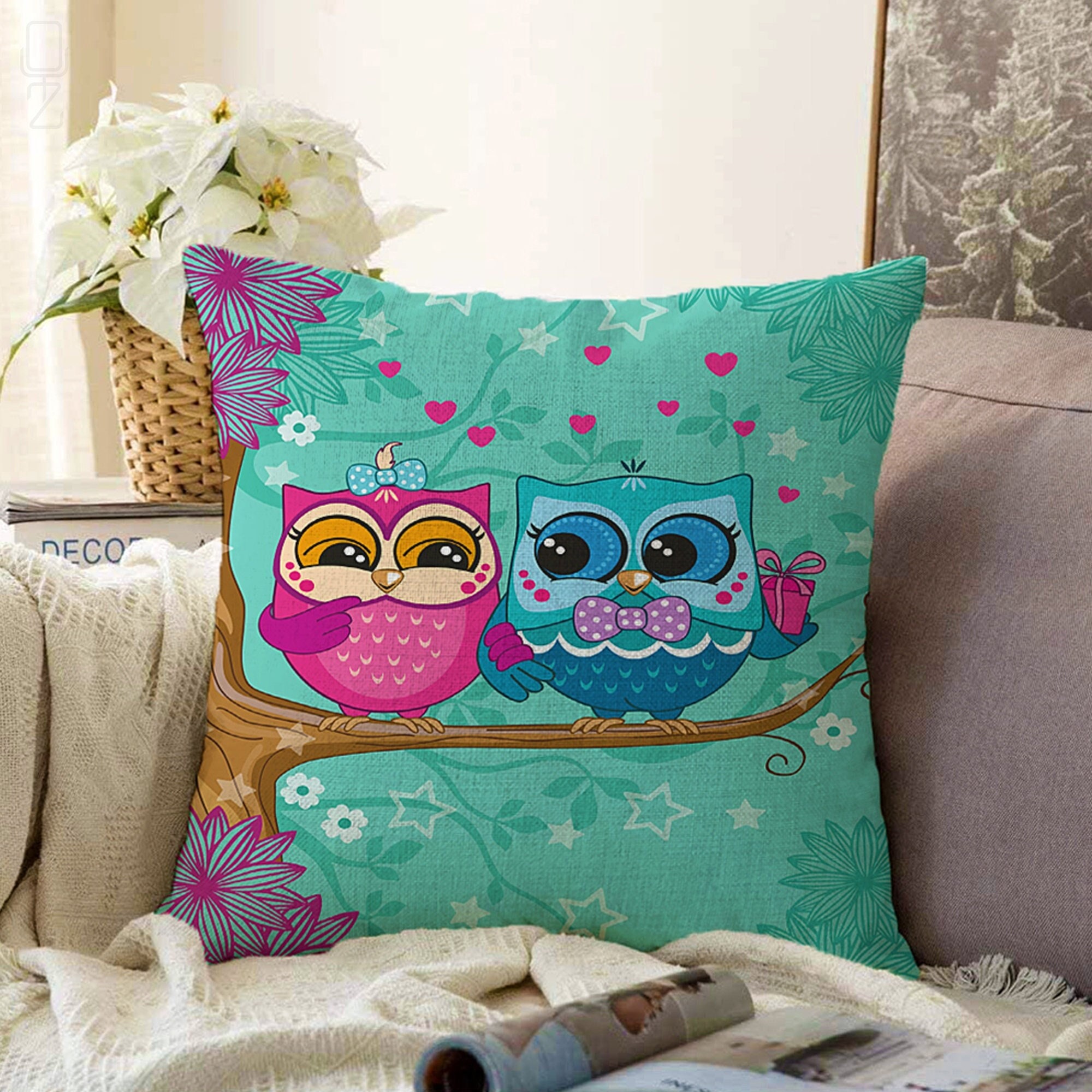 Pink & Blue Owl Couple Throw Pillow Cover for Lovely Gift | Double Sided Printing on Chenille Fa