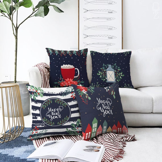 Navy Blue Red Happy New Year Theme Cushion Covers With 4 Designs Double Sided Printing on the Chenille With Different Sizes OEKO TEX Etsy