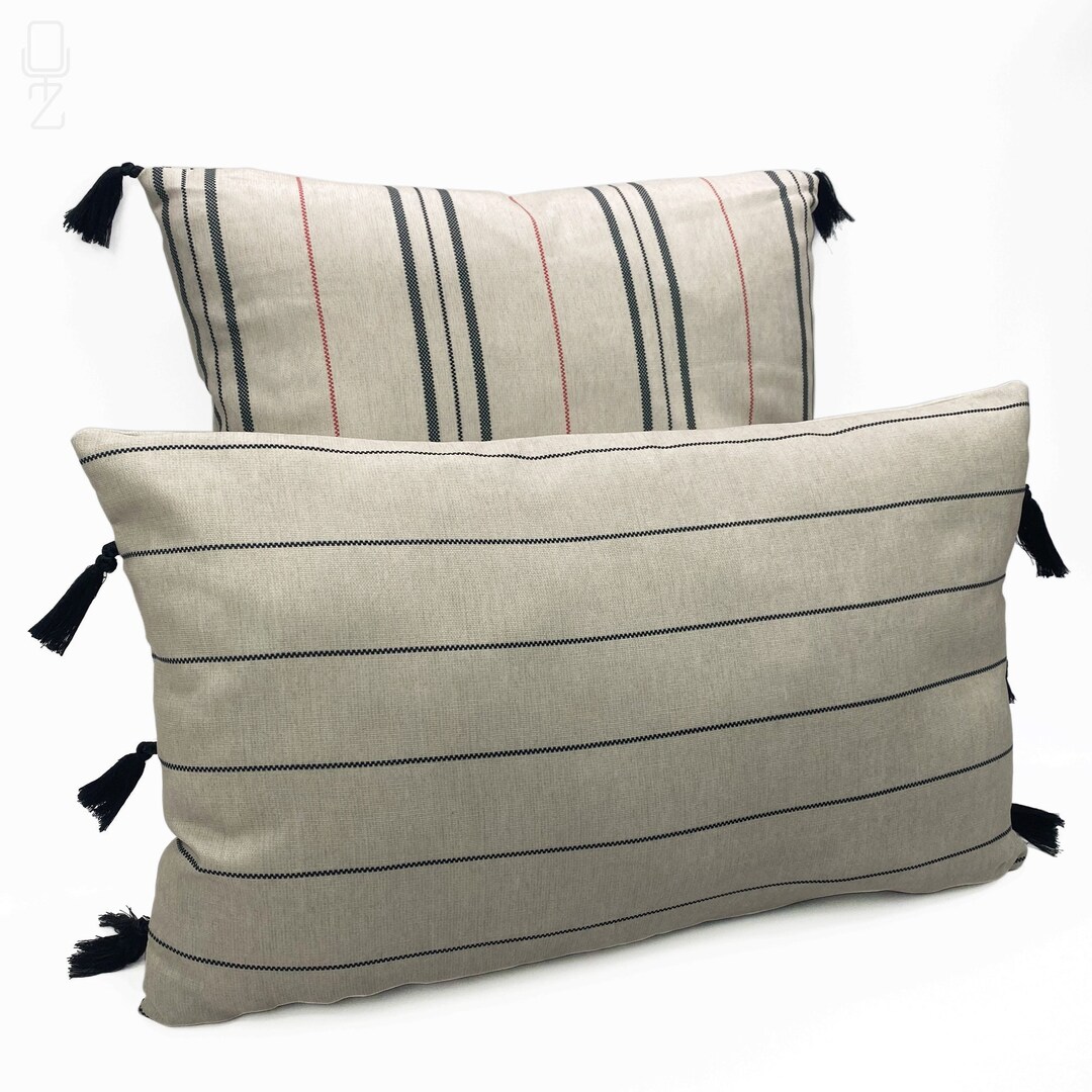 Set of 2 Striped Cushion Covers on Warm Grey Beige Colours Black Tassel