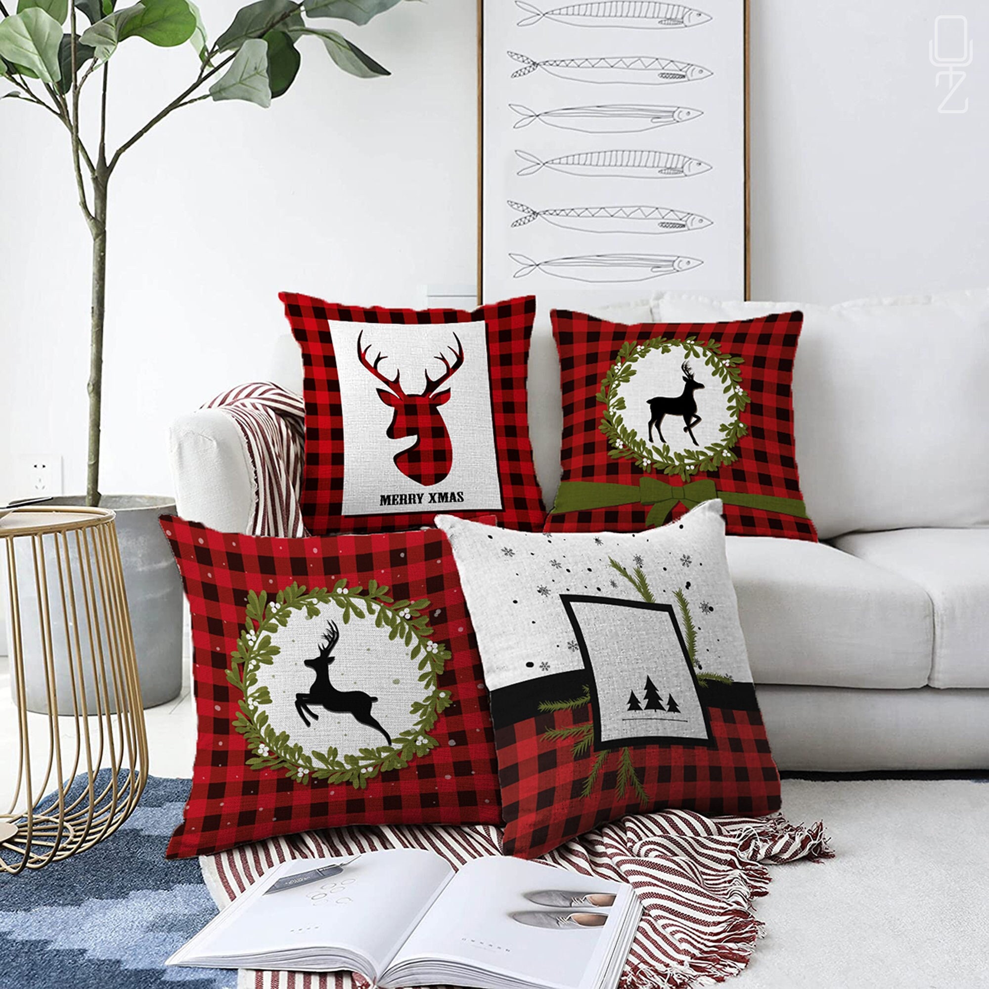 Lanpn 12x12 Christmas Pillow Covers Set Of 4, Cartoon Deer Snowflake Winter Decorative Holiday Pillow Case Pillowcase Cushion 12 X 12 For Indoor House Sofa Couch Xmas Decor (Dark Blue