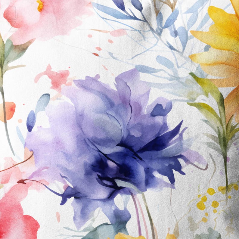 May include: Watercolor floral pattern featuring a variety of flowers in shades of pink, purple, and yellow. The design includes detailed petals, green stems, and blue leaves, all set against a white background. The artwork has a soft, artistic feel.