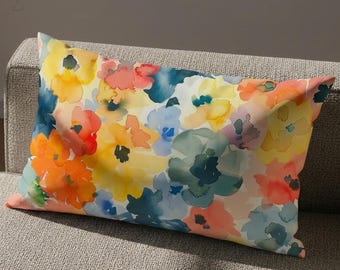 Colorful Abstract Floral Lumbar Pillow - Vibrant Watercolor Flower Rectangular Cushion - Modern Art Decor