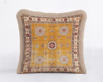 Rug Print Pillow Cover, Vintage Turkish Cushion, Anatolian Traditional Decor, Fringed Boho Throw Pillows